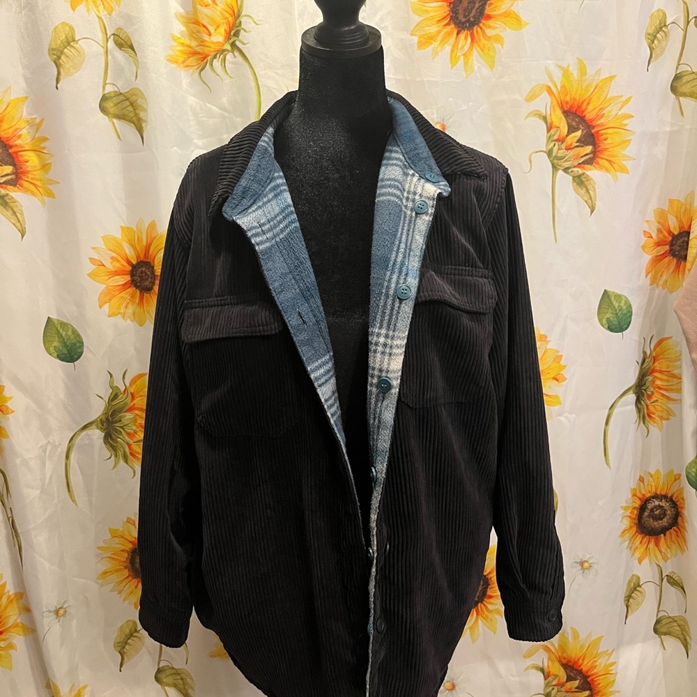 Love Tree Black Corduroy Shirt Jacket with Blue Plaid Lining